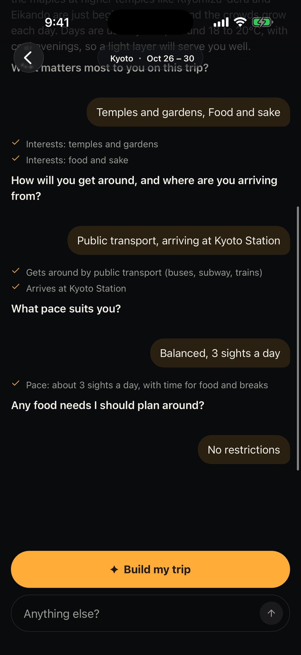 The planning chat, with questions answered in a tap